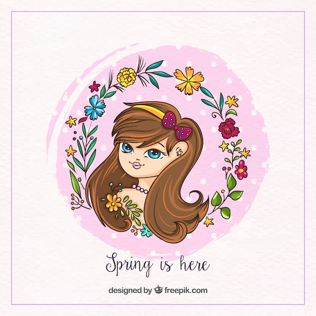 Free vector spring background with girl and floral wreath