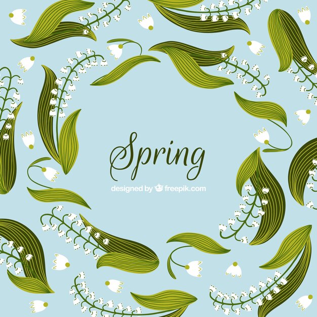 Free vector spring background with green leaves and white flowers