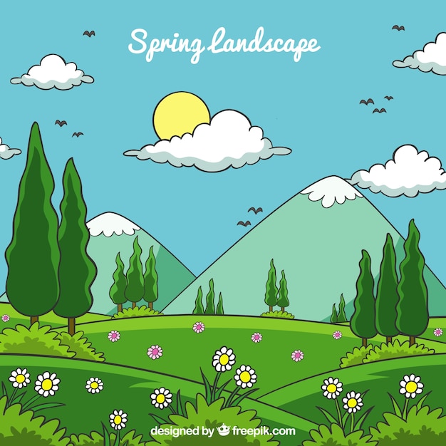 Free vector spring background with mountains