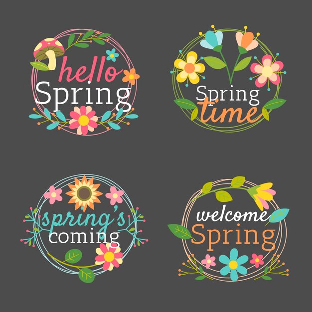 spring badge collection with frame of leaves and flowers