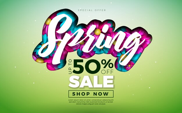 Spring banner. Floral Design Template with Typography Letter