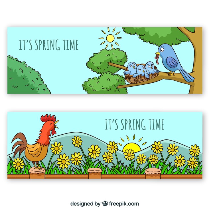 Free Vector spring banners with birds and chicken