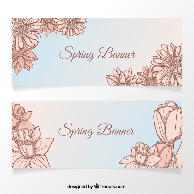 Free vector spring banners with hand-drawn flowers