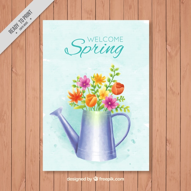 Free vector spring card of watering can with flowers