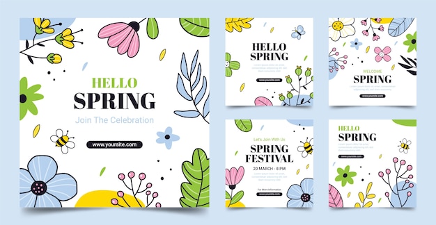 Vettore gratuito collezione di post floreali su instagram per la celebrazione della primavera