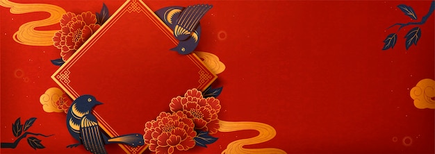 Spring couplet with bird and peony decorations, paper art style lunar year banner