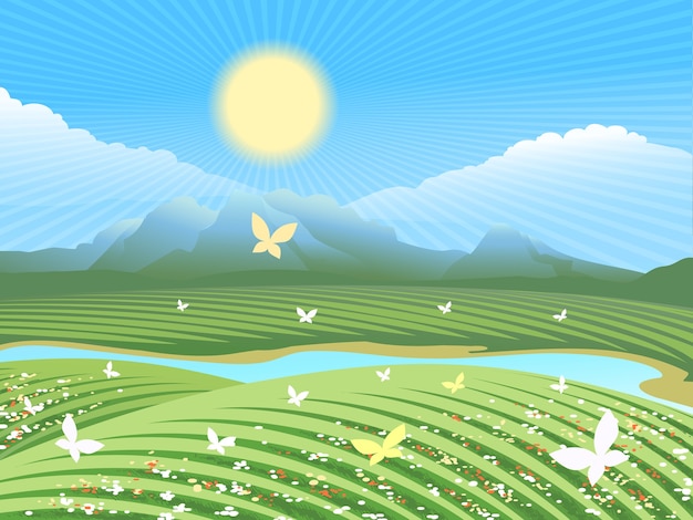 Free vector spring farm landscape. green field on the hills with flowers and butterflies near the river.