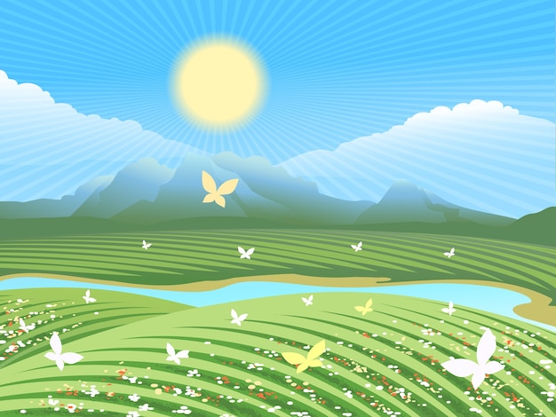 Бесплатное векторное изображение Весенний пейзаж фермы. зеленое поле на холмах с цветами и бабочками у реки.