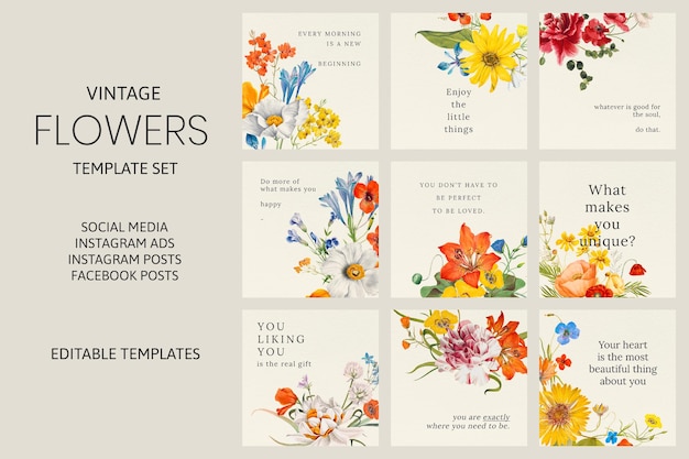Набор векторных шаблонов весенних цветочных цитат, переработанный из произведений искусства из общественного достояния