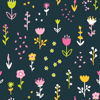 Spring floral seamless vector pattern with flowers simple handdrawn style motifs