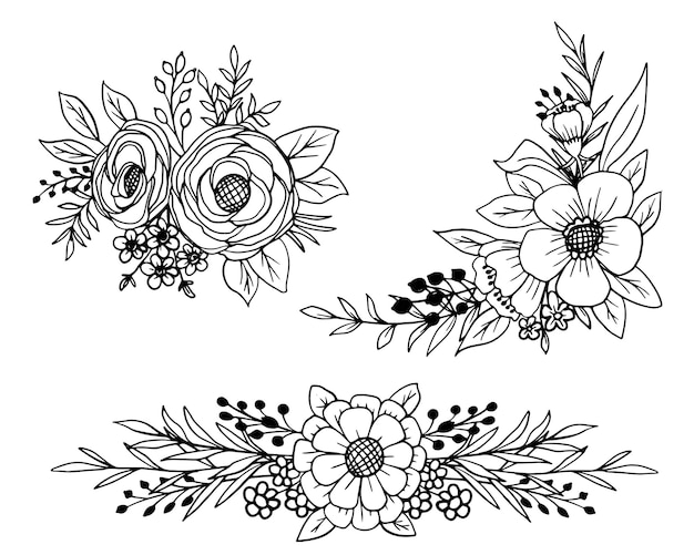 Spring flower and leaves line art collection