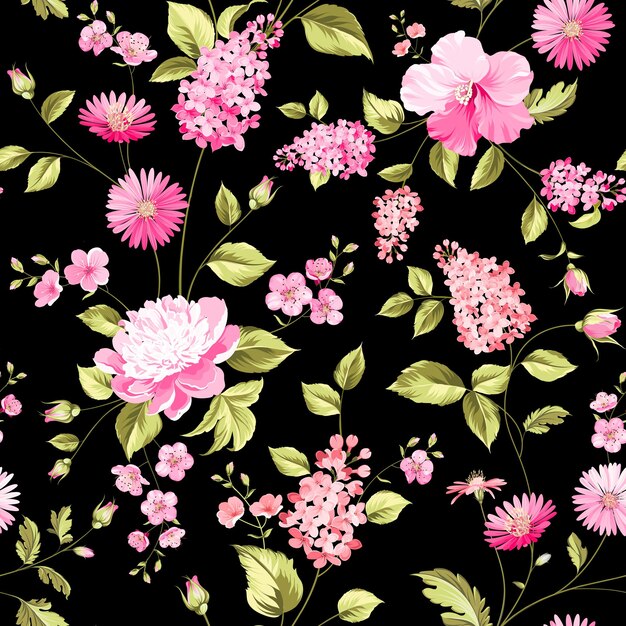 黒の春の花のシームレスなパターン