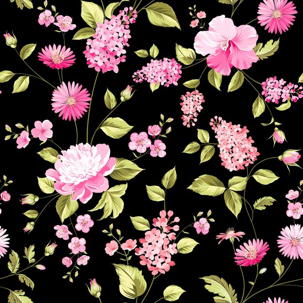 Spring flowers seamless pattern on black