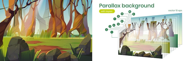 Free Vector spring forest glade with green grass, stones and tree trunks. scene of jungle, garden or natural park. vector parallax background with layers with cartoon woods landscape in daylight