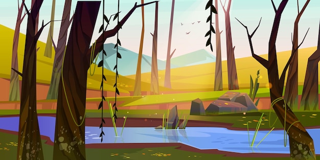 Free vector spring forest with river and mountains at sunset