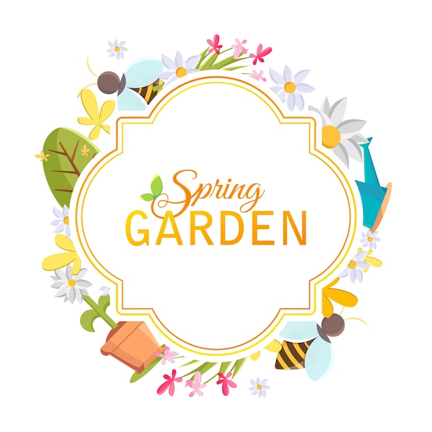 Spring garden design frame with images of tree, pot, bee, watering can, bird house and many other objects on the white