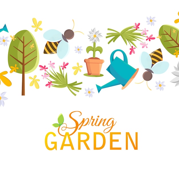 Spring garden design poster with images of tree, pot, bee, watering can, bird house and many other objects on the white 