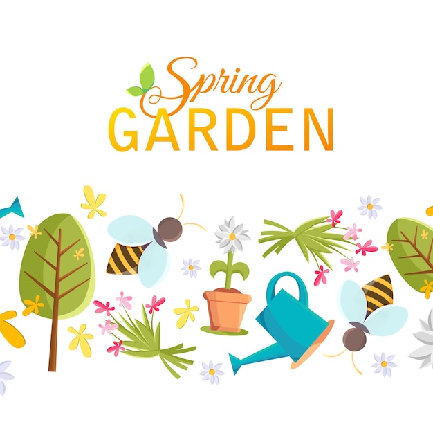 Бесплатное векторное изображение Плакат с весенним садом с деревом, горшком, пчелой, лейкой, птичьим домиком и многими другими объектами под надписью весенний сад на белом
