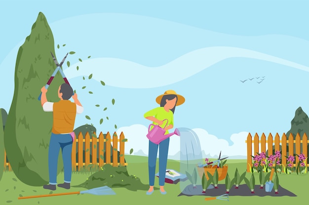 Spring gardening flat composition with characters of gardeners working in outdoor garden scenery with growing vegetables 