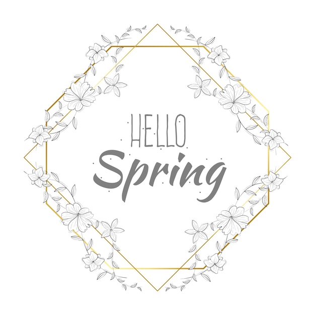 Spring golden frame with drawn flowers and lettering