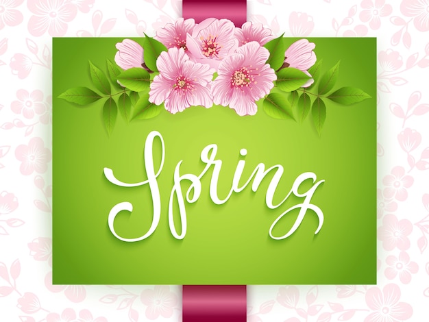 Spring green card with pink flowers