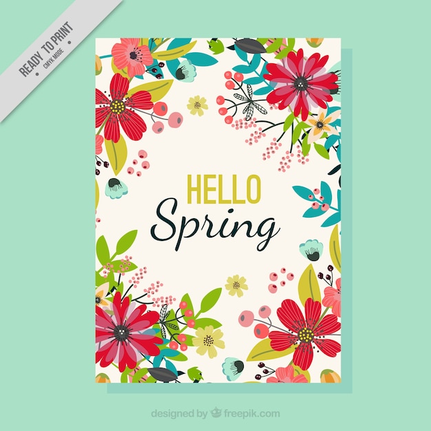 Vettore gratuito biglietto di auguri primavera con fiori disegnati a mano