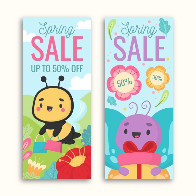 Spring hand drawn banners with insects and gifts