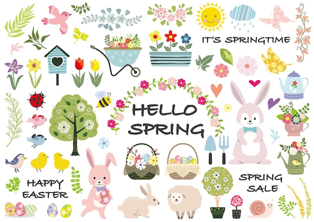 Free vector spring and happy easter vector illustration set  isolated on a white background