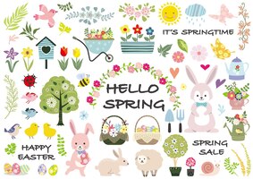 Spring and happy easter vector illustration set  isolated on a white background