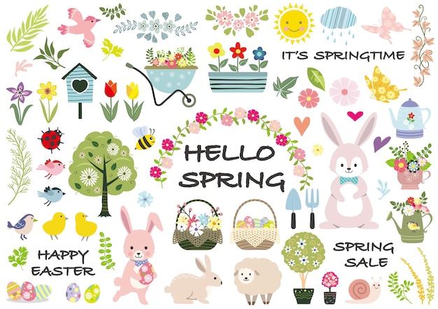 Spring And Happy Easter Vector Illustration Set  Isolated On A White Background