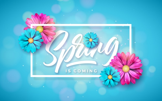 Free vector spring is coming. floral design template with typography letter