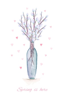 春はここに手描きの水彩イラストです 花瓶に水彩ネコヤナギの枝が付いたグリーティングカード プレミアムベクター 春はここに手描きの水彩イラストです 花瓶に水彩ネコヤナギの枝が付いたグリーティングカード プレミアムベクター
