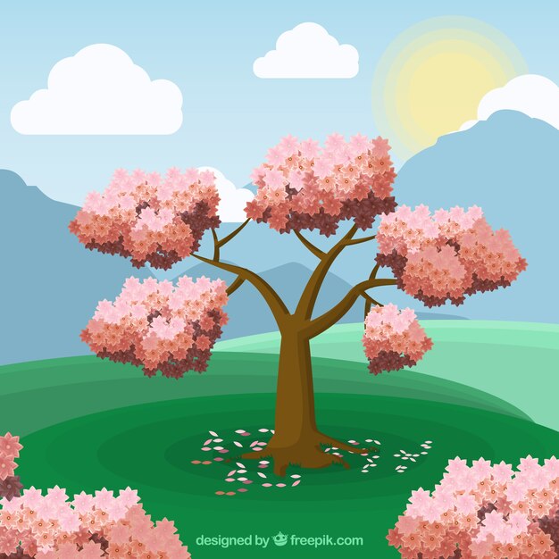 Spring landscape background in flat style