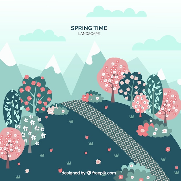 Spring landscape background in flat style