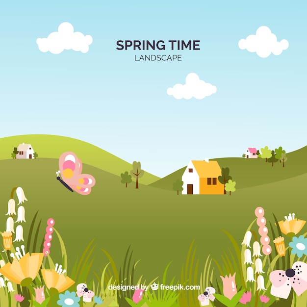 Free vector spring landscape background in flat style