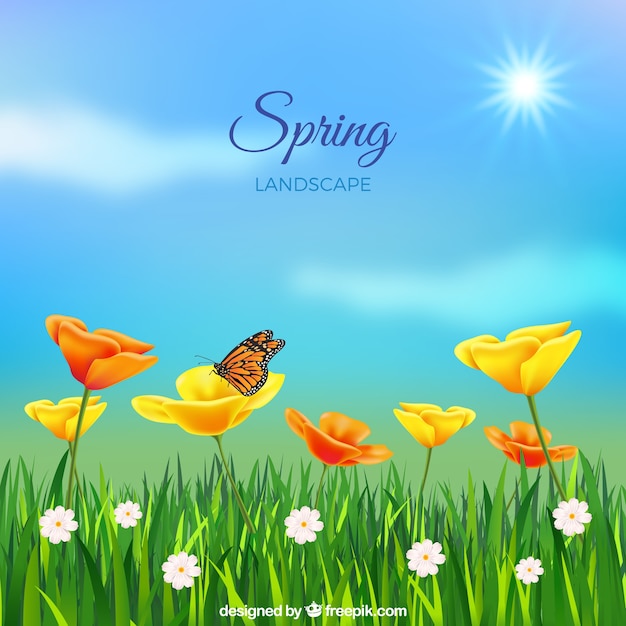 Free vector spring landscape background in realistic style