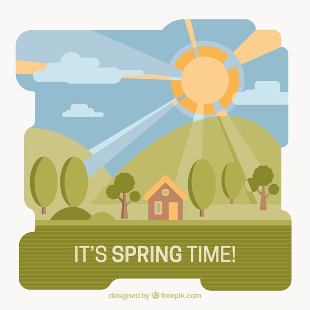 Free vector spring landscape background with little house in flat design