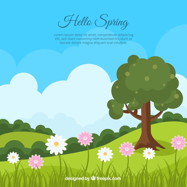 Spring landscape background with tree and daisies