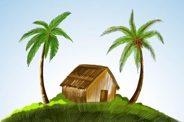 Spring landscape coconut tree in house background