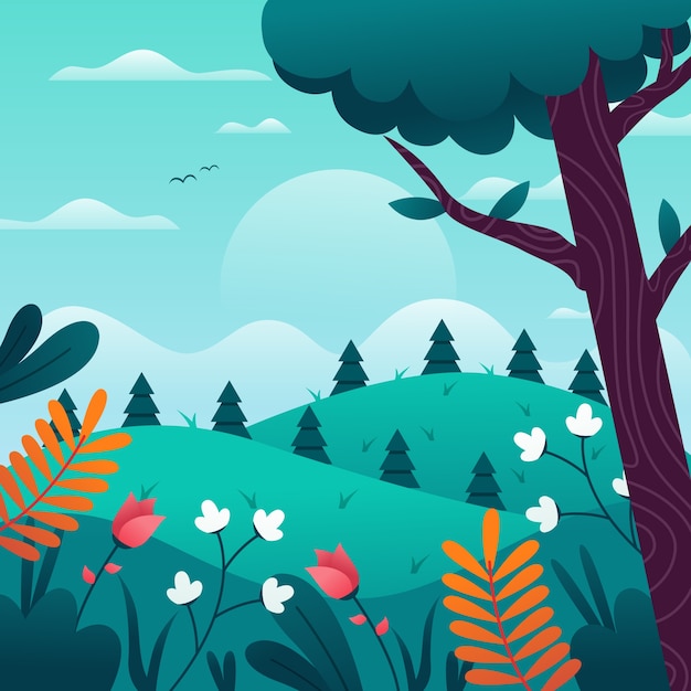 Free vector spring landscape with flowers and trees