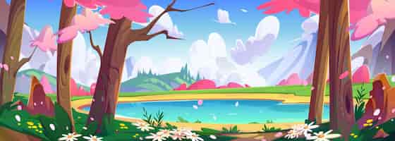 무료 벡터 호수 핑크 나무 산과 함께 봄 풍경