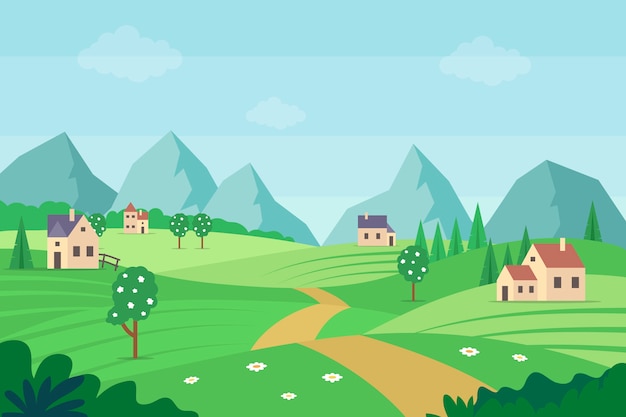Free vector spring landscape with mountains and houses