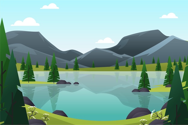 Free vector spring landscape with mountains and lake