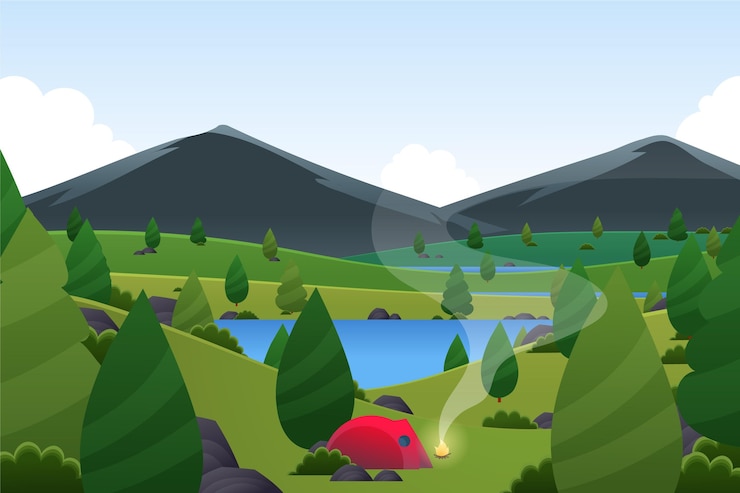 Free Vector spring landscape with tent and mountains