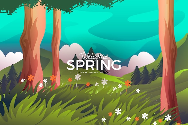 Free vector spring landscape with trees and blooming plain