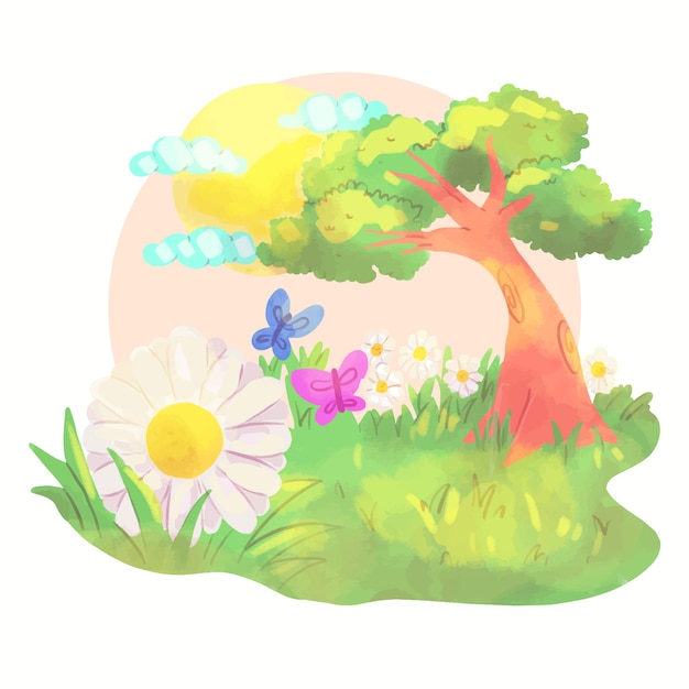 Free vector spring landscape with trees and butterflies