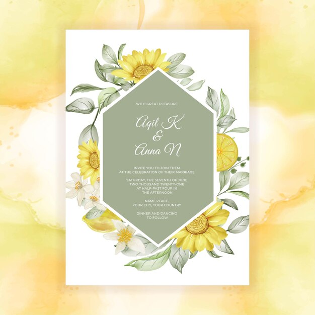 Free vector spring lemon flower watercolor   wedding invitation