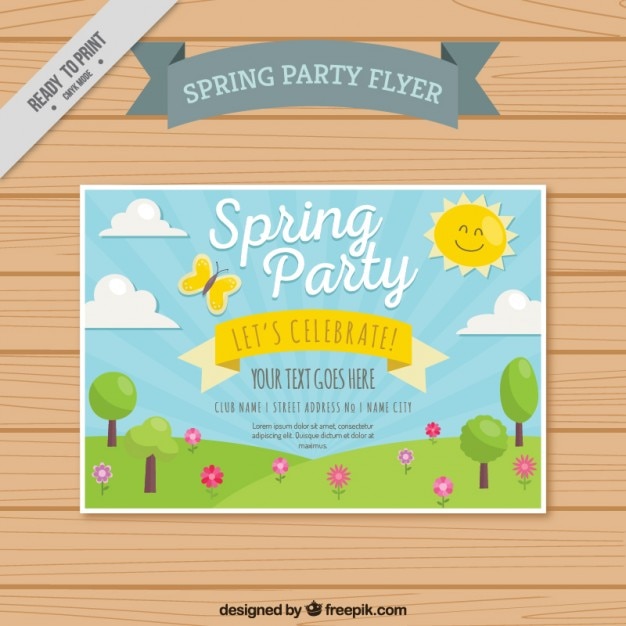 Spring party flyer with cute landscape