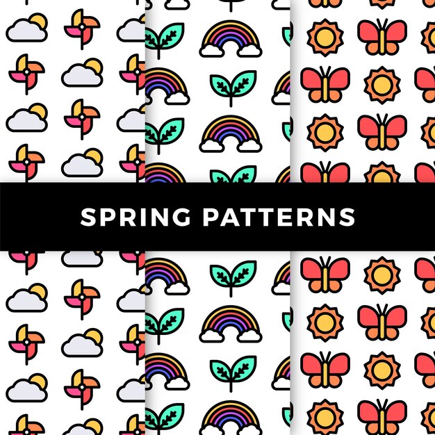 Spring pattern collection with rainbows and butterflies