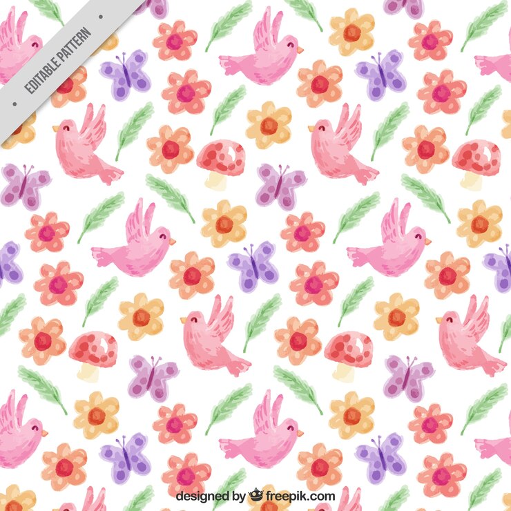 Free Vector spring pattern with birds painted with watercolor